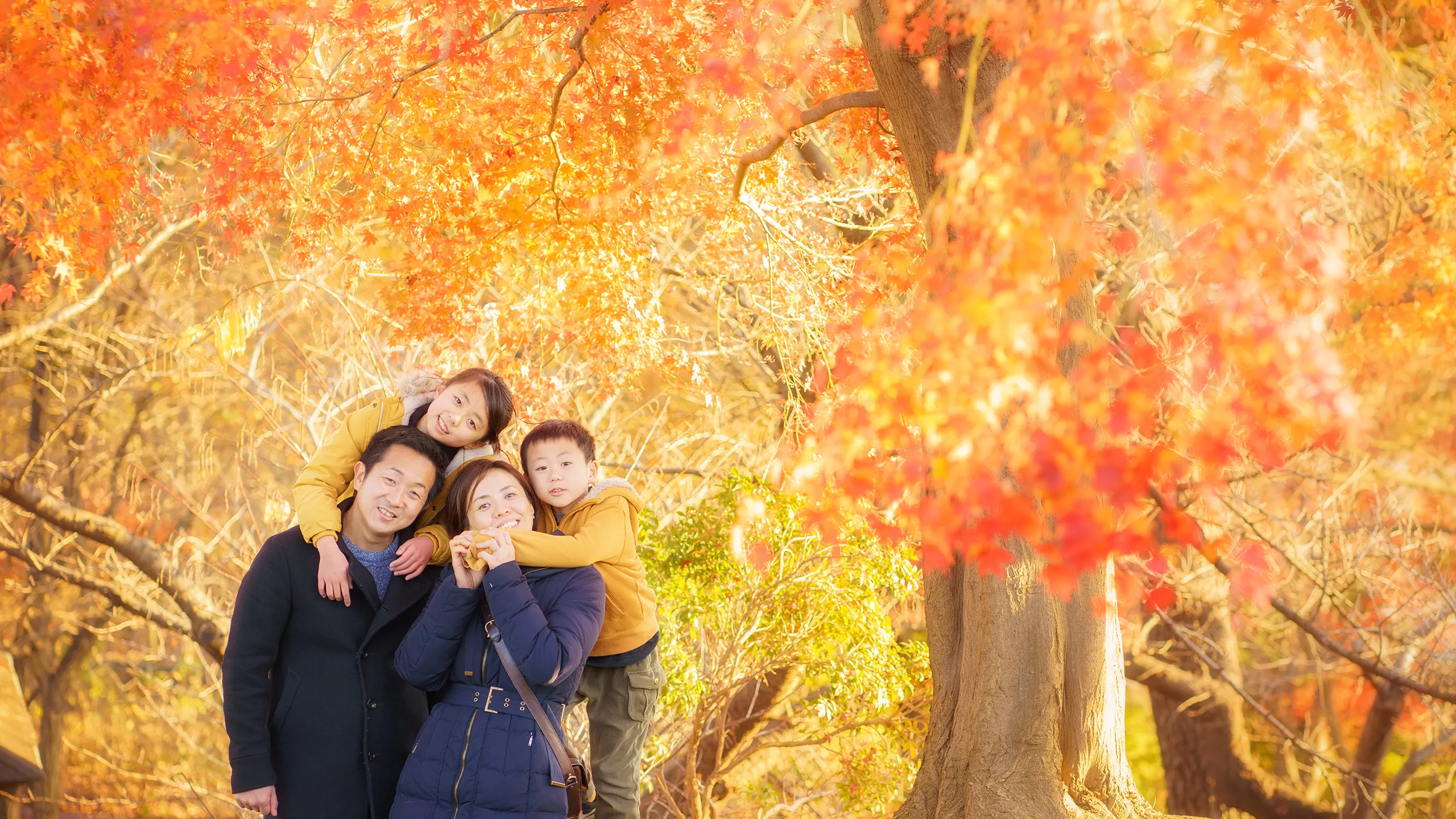 紅葉の中　家族の成長の記録記念写真