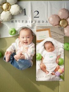 ハーフバースディ　ニューボーンフォトの等身大フォトと一緒に撮影