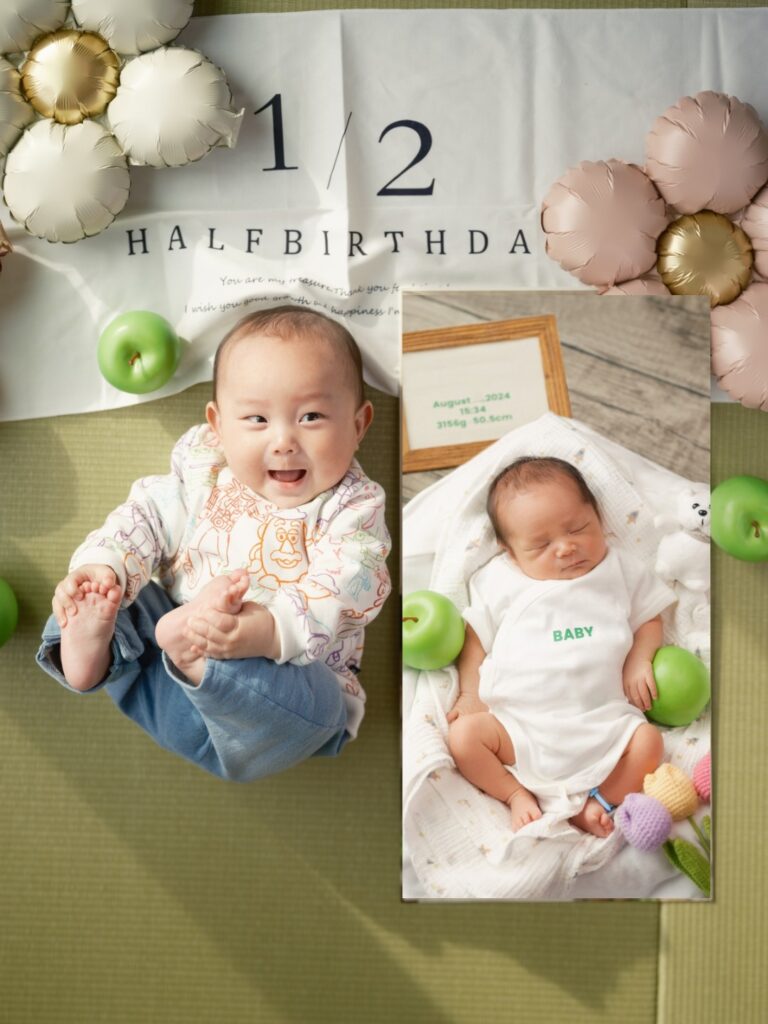 ハーフバースディ　ニューボーンフォトの等身大フォトと一緒に撮影