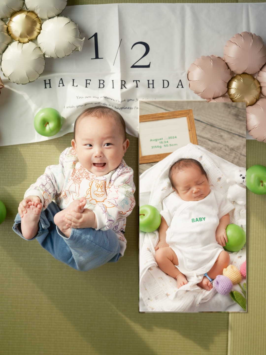 ハーフバースディ　ニューボーンフォトの等身大フォトと一緒に撮影